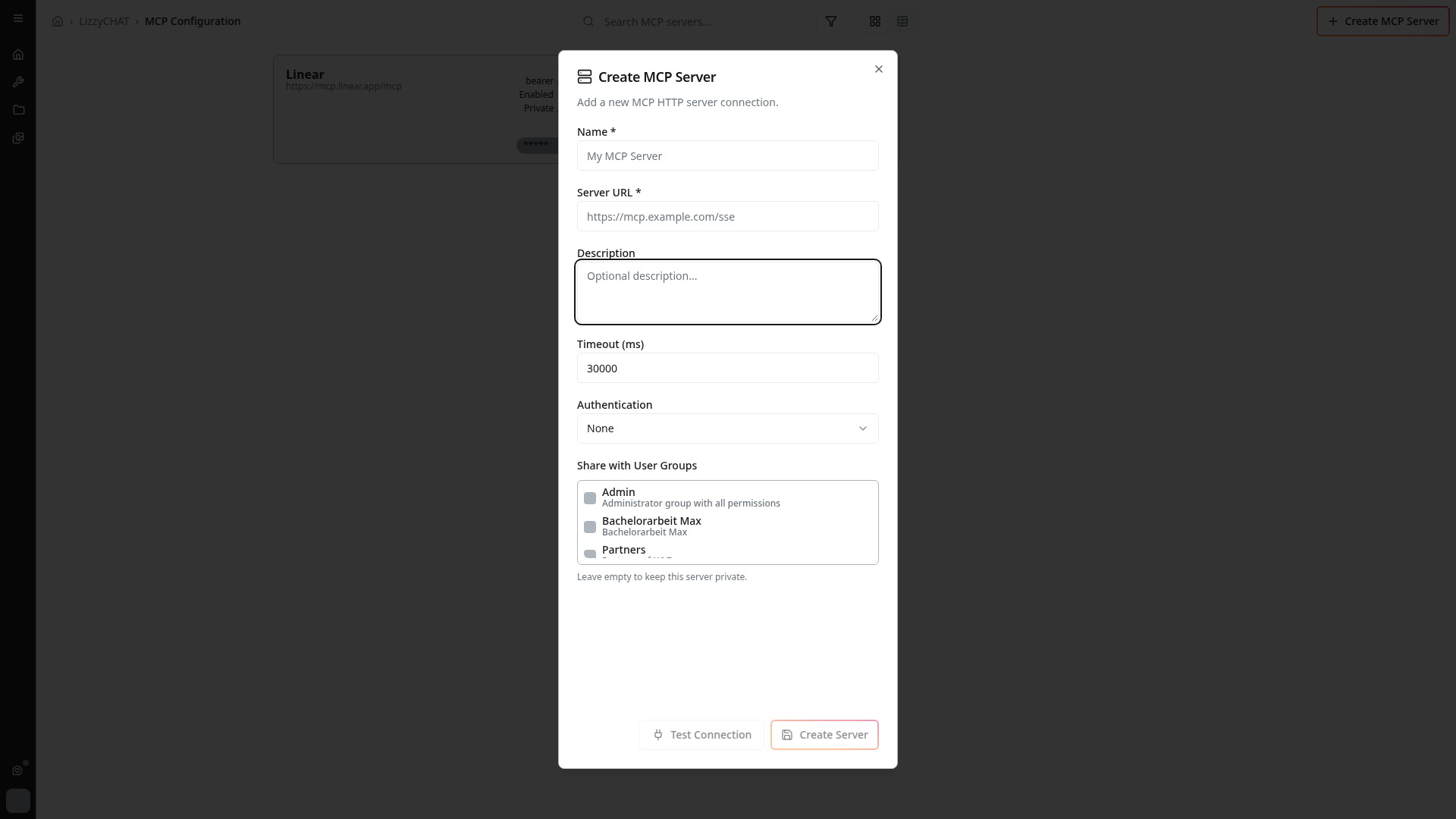 Create MCP Server dialog