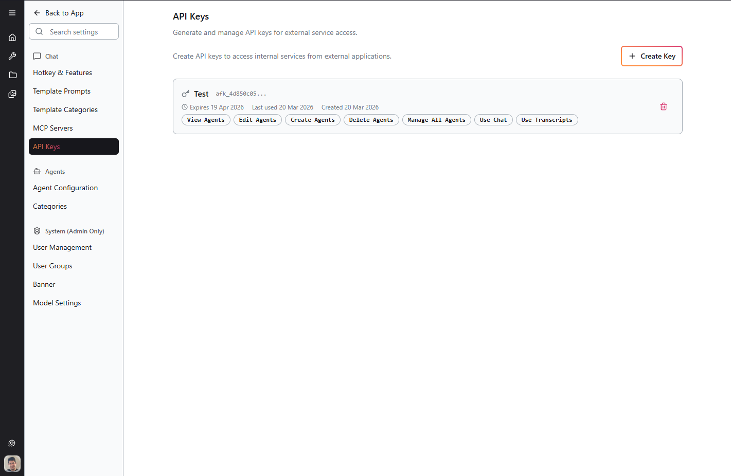 API Keys management page