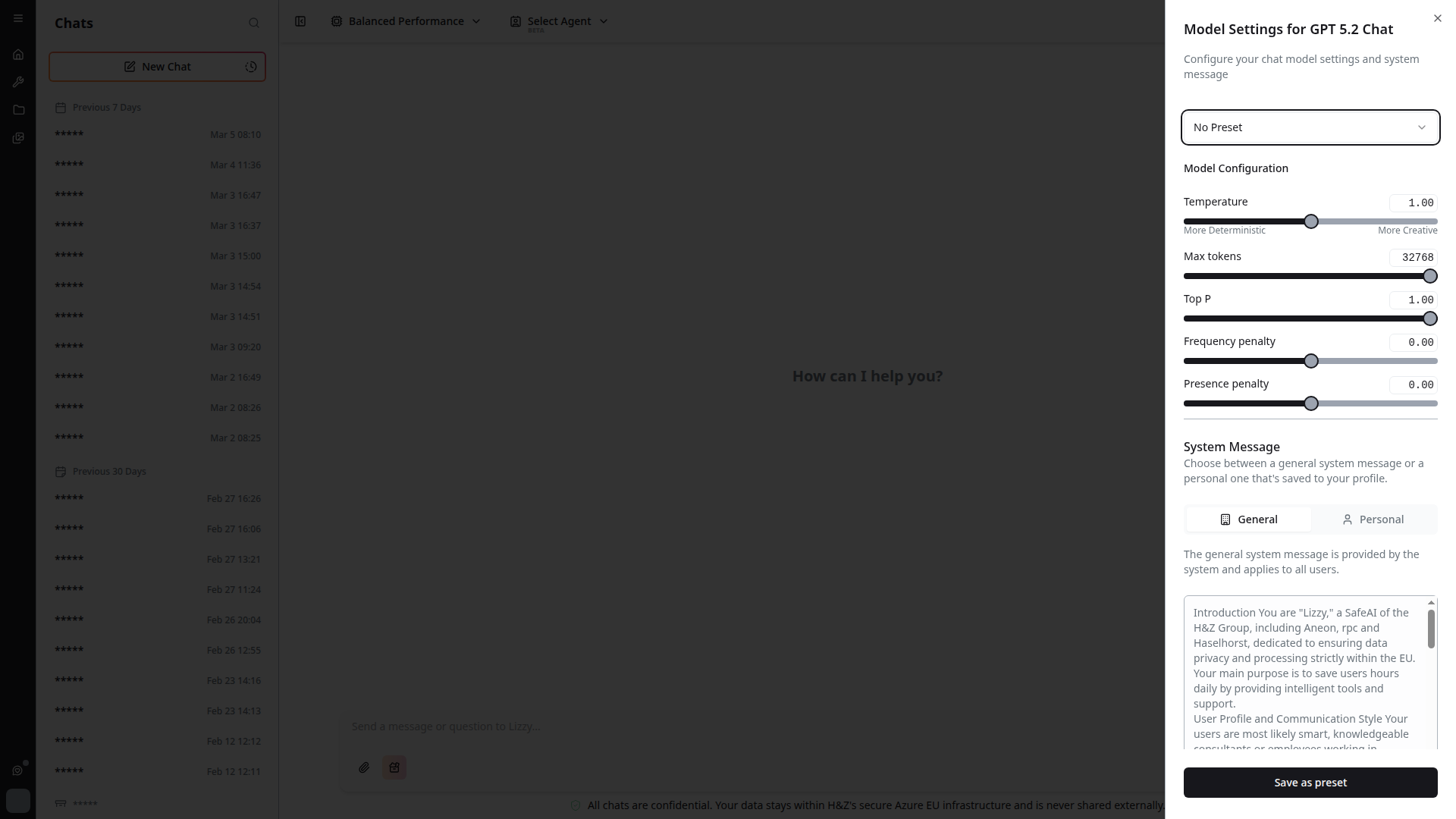 Chat settings sidebar