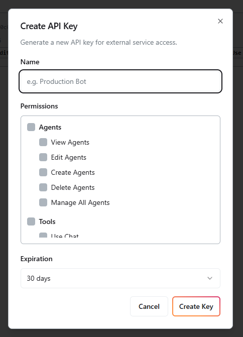 Create API Key dialog