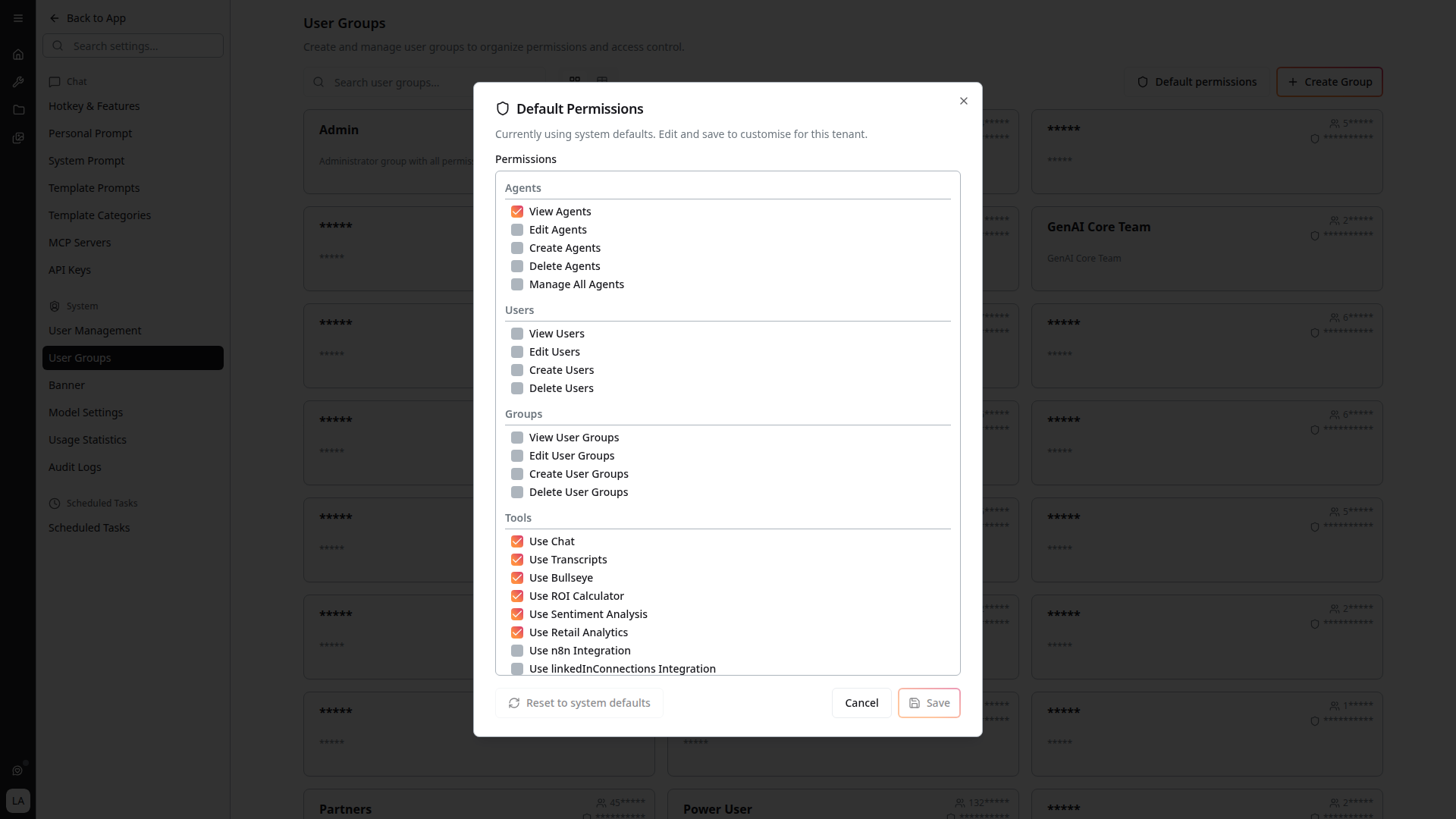 Default Permissions dialog