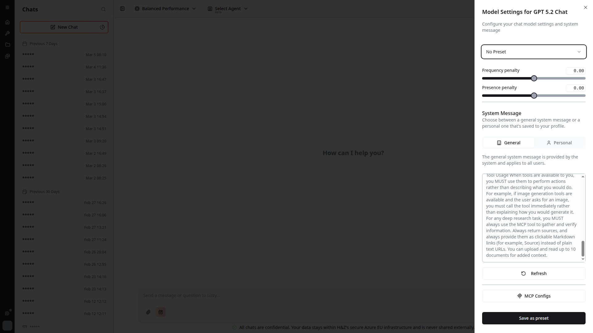 Chat settings sidebar — MCP button