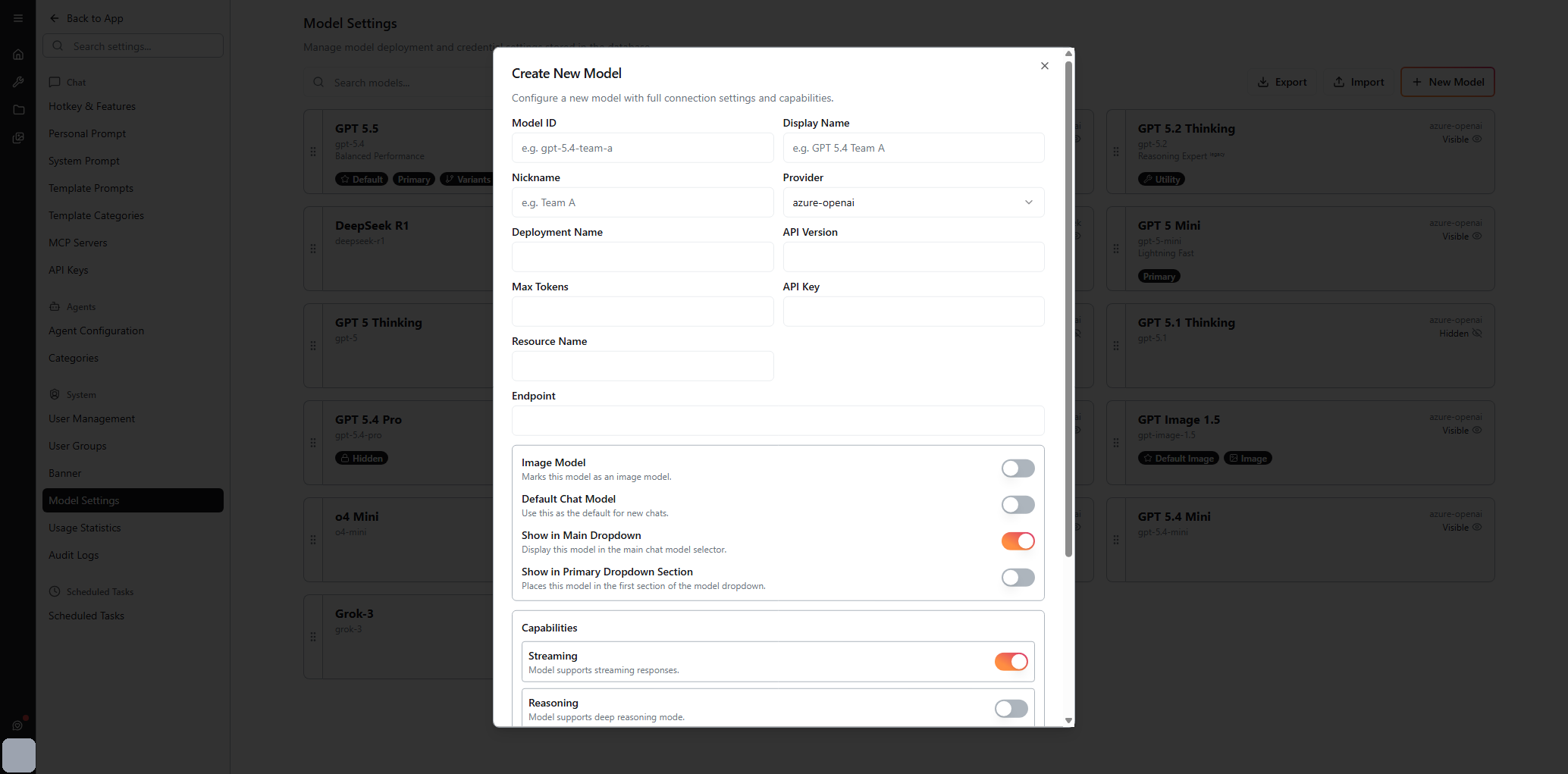 Create / Edit Model dialog