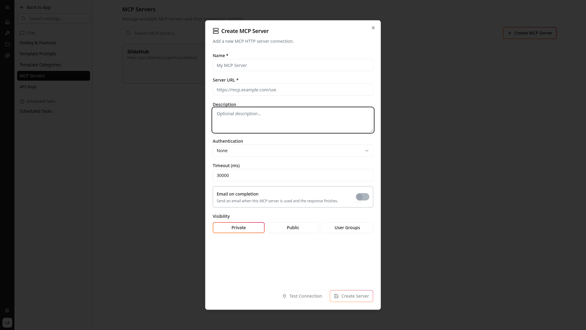 Create MCP Server dialog