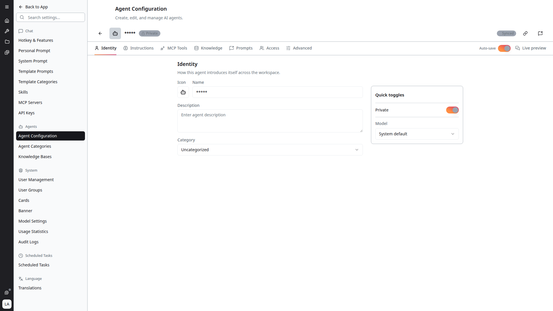 Agent editor — Identity tab