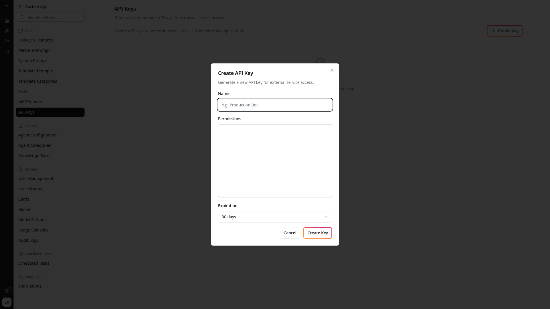 Create API Key dialog