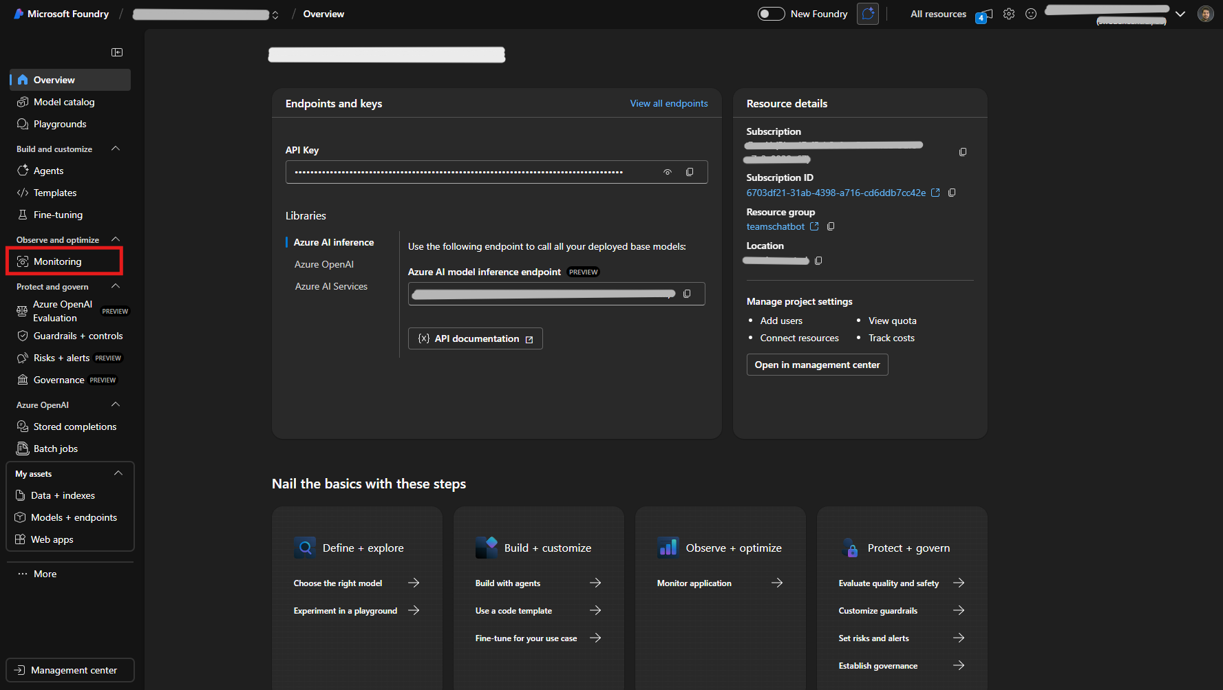 AI Foundry Portal — Monitoring in the sidebar
