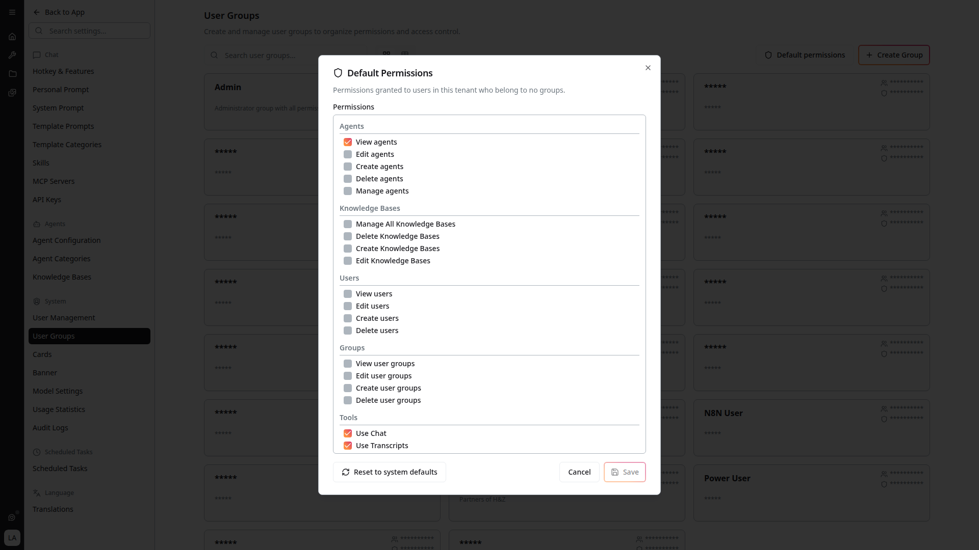 Default Permissions dialog