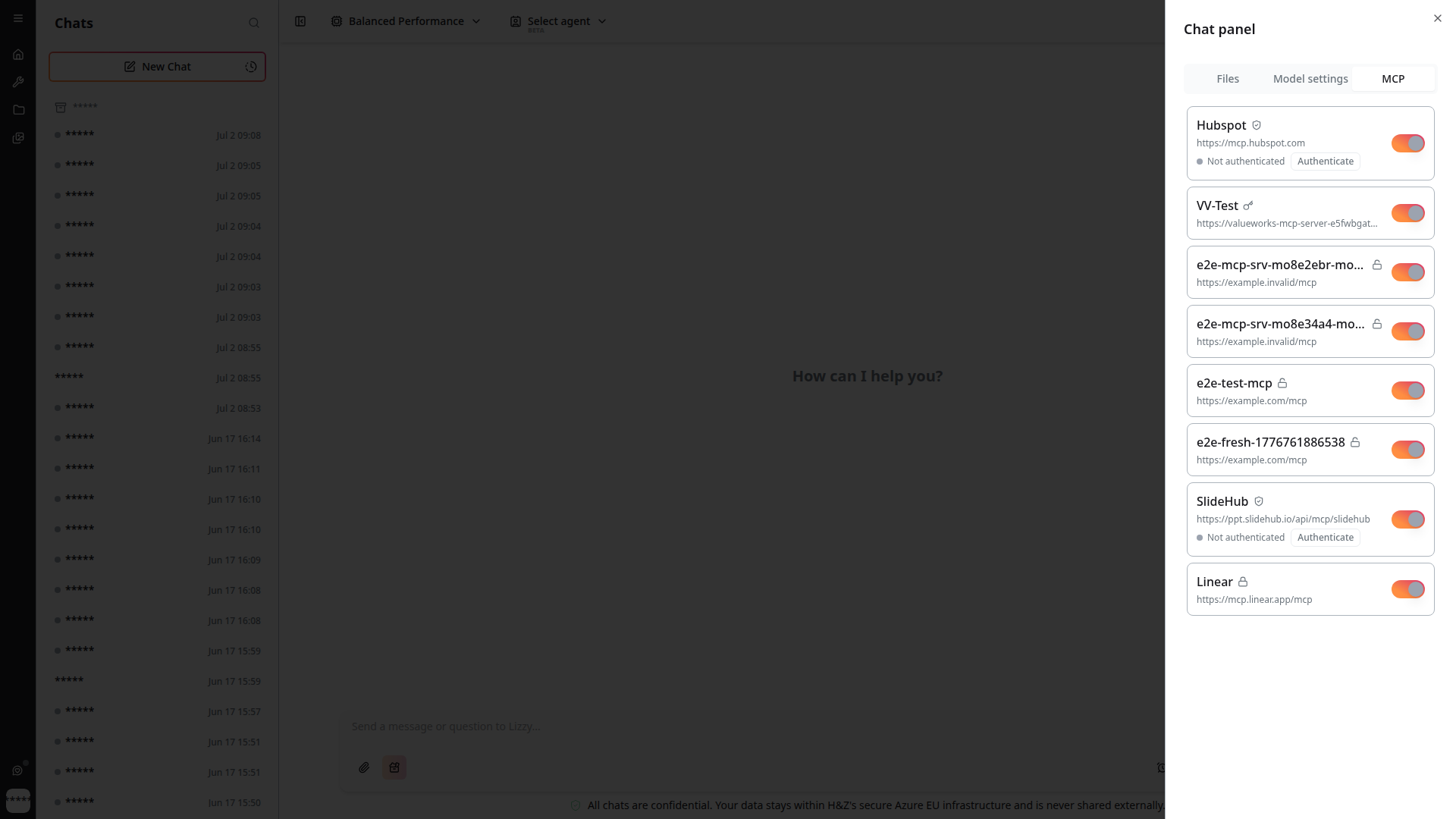 Chat settings sidebar — MCP