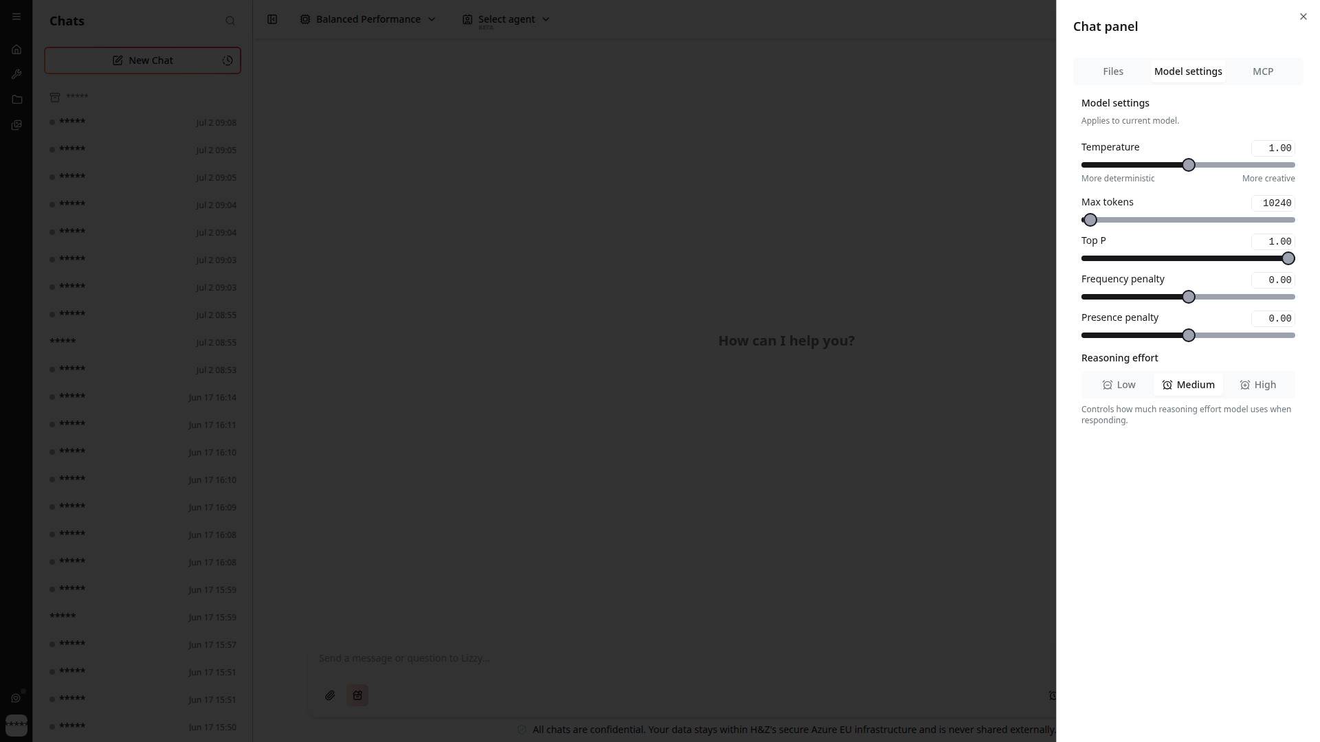 Chat settings sidebar — Model settings