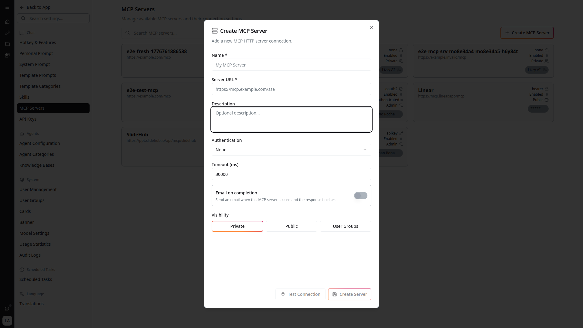 Create MCP Server dialog