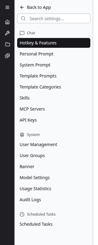 Settings sidebar with Skills entry
