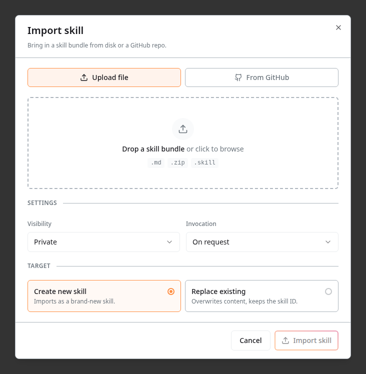 Import skill — upload file