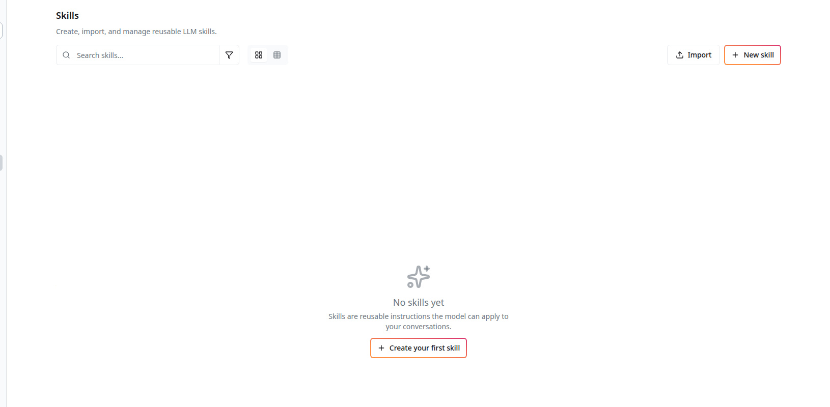 Skills page — empty state